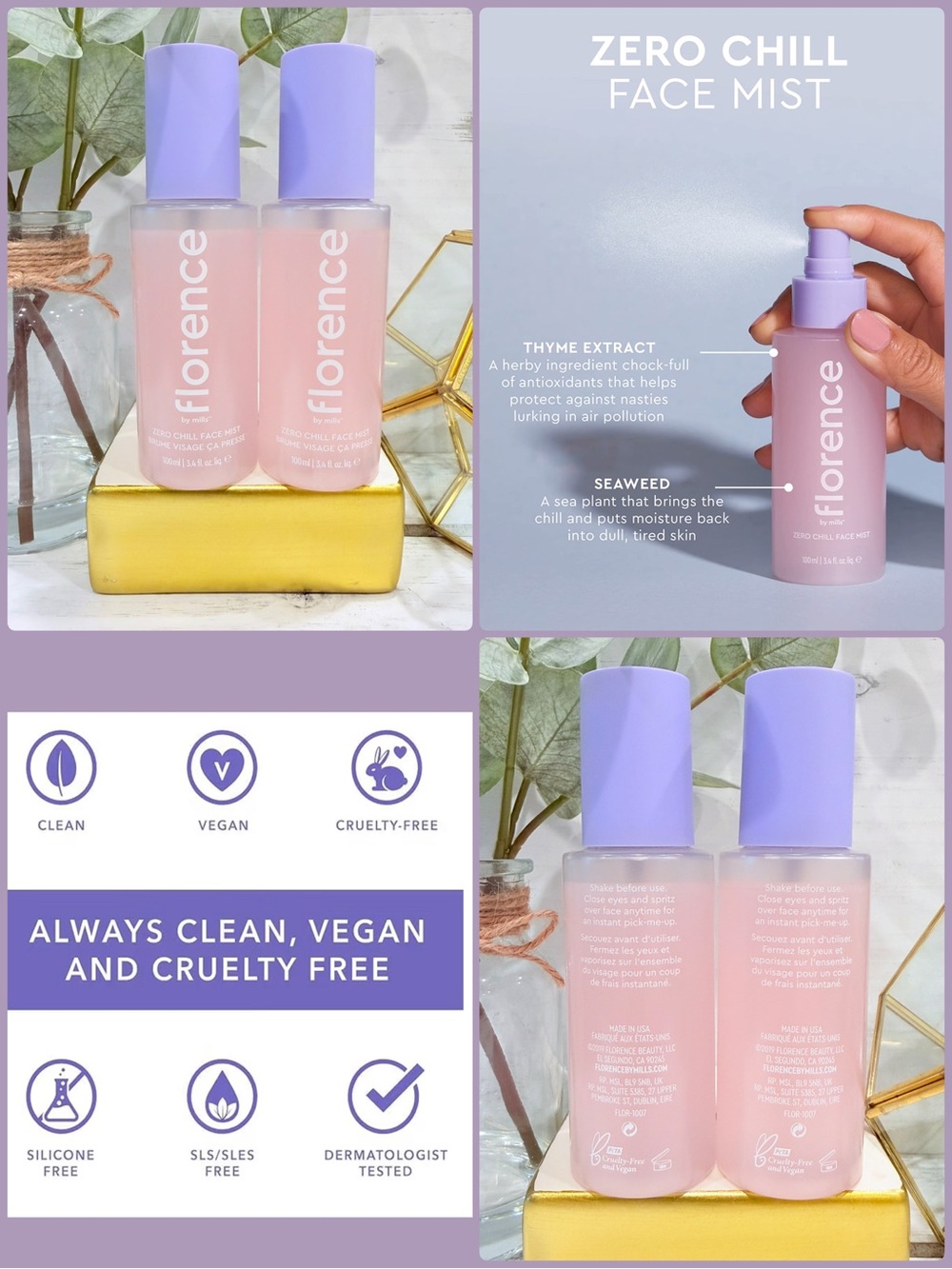 Florence by mills Zero Chill Vegan Face Mist Rose Infused Face Spray Bundle NEW
